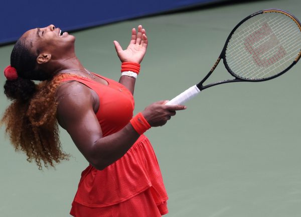 NEW YORK, NEW YORK - SEPTEMBER 09: Serena Williams of the United States reacts to a lost point during her Women's Singles quarterfinal match against Tsvetana Pironkova of Bulgaria on Day Ten of the 2020 US Open at the USTA Billie Jean King National Tennis Center on September 9, 2020 in the Queens borough of New York City. (Photo by Al Bello/Getty Images)